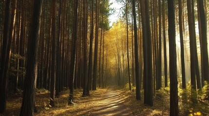 Fototapeta premium Autumn Forest Path: Sunlit Woods