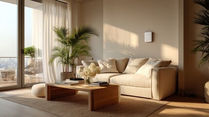 Cozy Living Room Interior with Neutral Tones, Natural Light, Modern Furniture, and Indoor Plants for Relaxing Home Ambience