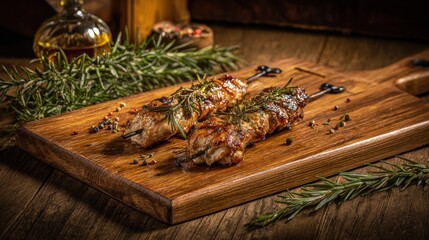 Delicious grilled meat skewers with herbs and spices on a wooden cutting board for barbecue and outdoor dining