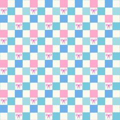 Checkerboard seamless pattern with bows in pastel pink and blue