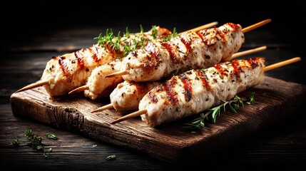 Juicy grilled chicken skewers with herbs and spices served on a rustic wooden board for outdoor barbecue and delicious meal