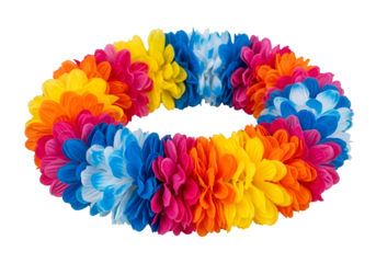 Vibrant, colorful flower lei, a circular arrangement of multicolored blossoms, radiates joy and festivity against a stark black backdrop.