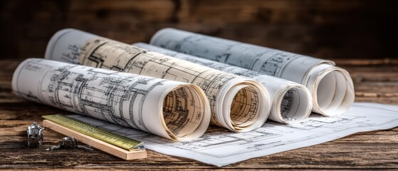 Long detailed architectural blueprints and technical drawings rolled up and spread across a wooden table with a scale ruler and mechanical pencil for construction design