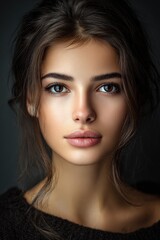 Fototapeta premium Portrait of a beautiful young woman with stunning facial features and soft, natural makeup on a neutral background