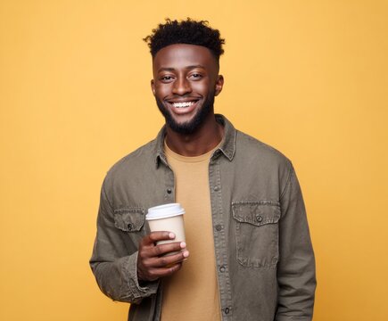 A smiling young man, dressed in a casual olive-green jacket and a light beige top, holds a disposable coffee cup against a bright yellow background. - Powered by Adobe