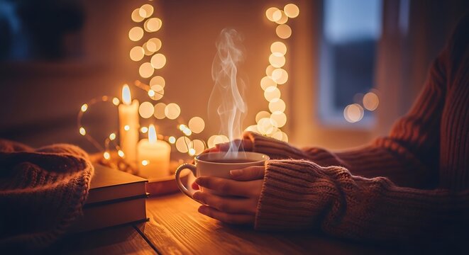 A tranquil and cozy evening scene with a person holding a steaming mug, surrounded by the warm glow of candles and festive lights