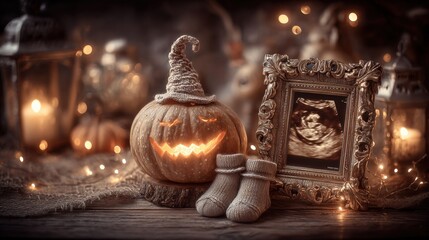 Halloween Pregnancy Announcement with Ultrasound, Pumpkin, and Baby Booties for a Spooky Season Celebration
