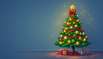 create a cheerful cartoon style image featuring a christmas tree decorated with traditional holiday ornaments and lights