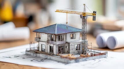 Detailed miniature architectural model of a house with a construction crane on blueprint paper for building project planning and design