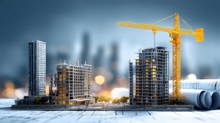 Large construction site with cranes and partially built high-rise buildings in an urban cityscape du daytime