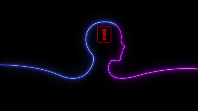 Neon glowing warning icon inside man head icon, danger warning sign animated. neon sign Warning alert icon isolated signs, security digital danger alert concept on dark background.