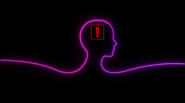 Neon glowing warning icon inside man head icon, danger warning sign animated. neon sign Warning alert icon isolated signs, security digital danger alert concept on dark background.