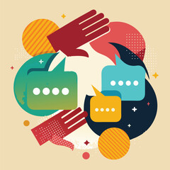 Abstract illustration featuring speech bubbles and hand gestures communicating ideas creatively in a modern style.