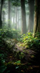 Fototapeta premium Misty Forest Scene: Sunlit Foliage and Fallen Log in a Serene Woodland Environment