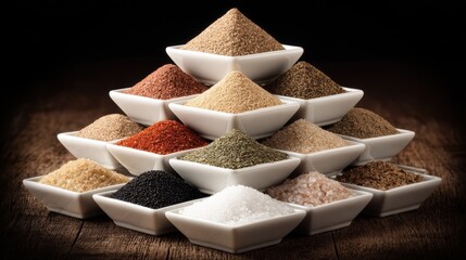 Array of Various Spices in White Bowls Displayed in Layered Arrangement on Dark Wooden Surface for Culinary and Cooking Use