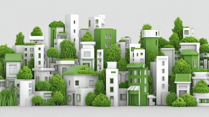 Vibrant green and white modern cityscape with lush trees and diverse building heights illustrating eco-friendly urban development