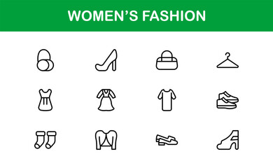 Women’s Fashion Line Icon Set – Professional Minimal Outline Icons for Elegant Branding and Stylish Apparel Design