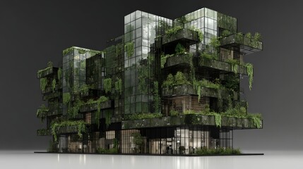 Modern eco friendly building with glass facades and lush green plants integrated into the structure showcasing sustainable architecture design