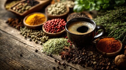 Aromatic Spices Coffee and Fresh Herbs Assorted in Small Bowls on Rustic Wooden Table for Cooking and Flavo