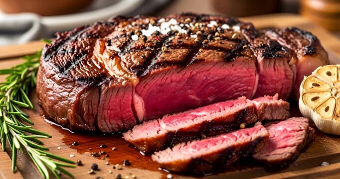 Delicious steak presentation showcases medium rare beef with perfect grill marks