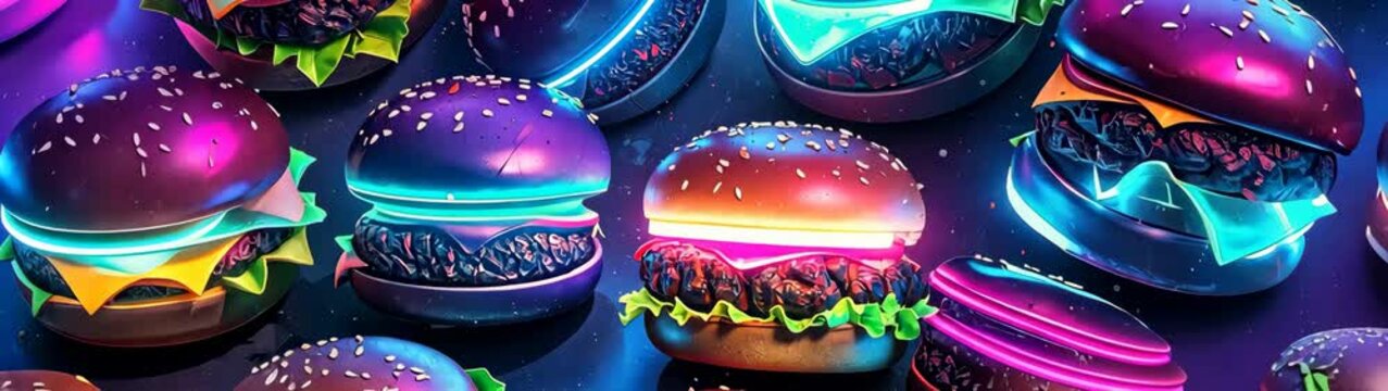 Glowing neon burgers floating on blue background, a futuristic feast.