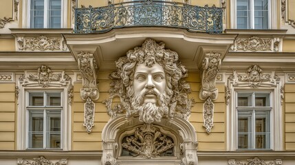 Ornate European building facade with detailed architectural decorations and a prominent stone bust sculpture of a bearded man