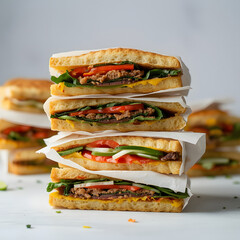 Stacked Sandwich Delight: A tantalizing display of artfully stacked sandwiches, brimming with fresh ingredients and textures, poised to satisfy any culinary desire.