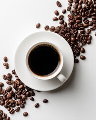 Obraz premium Overhead shot of coffee cup surrounded by coffee beans on white background, representing morning routine