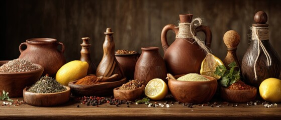 Traditional earthenware pottery with herbs spices lemons and natural ingredients arranged on rustic wooden surface for cooking and gastronomy