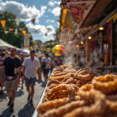 Fototapeta premium A Delicious Street Food Display in A Busy Marketplace: Capture the vibrancy of a marketplace, the focal point is delicious street food on display in the foreground.