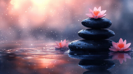 Dark stacked zen stones with blooming pink lotus flowers float on water. Soft sunset light and dreamy pink tones in background. Floral, peaceful spa atmosphere. 