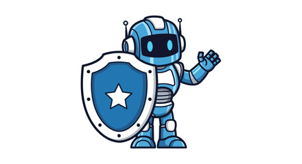 Cartoon Robot Holding Shield with Star Symbol, Protecting Data.
