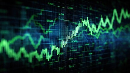 Stock Market Data Visualization: Green Financial Chart Displaying Trends and Analysis on Blue Background