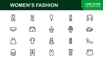 Women’s Fashion Line Icon Set – Professional Minimal Outline Icons for Elegant Branding and Stylish Apparel Design