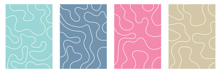 groovy organic lines, fluid, curved, wiggling stripes, waves vector seamless patterns set. liquid, funky chaotic ornaments, funky backgrounds. doodle, uneven hand drawn wavy, winding twisted lines .