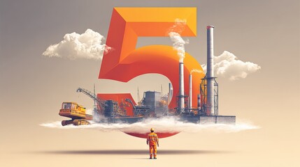 5G network concept art featuring construction worker and industrial cityscape in digital illustration