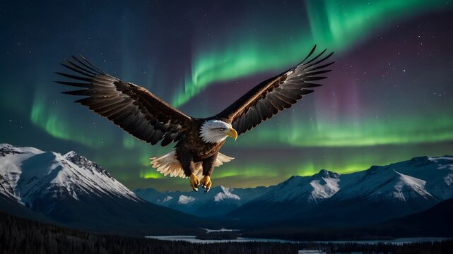 &Aacute;guila calva volando sobre monta&ntilde;as nevadas con auroras boreales en el cielo nocturno del paisaje &aacute;rtico
