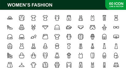 Women’s Fashion Line Icon Set – Professional Minimal Outline Icons for Elegant Branding and Stylish Apparel Design