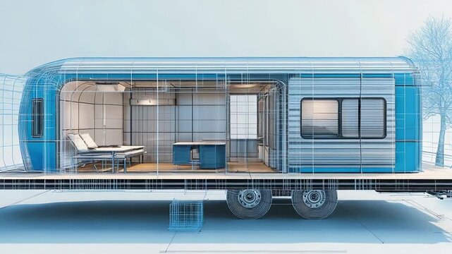 Blueprint showing modern camper trailer interior design with open door