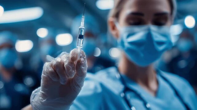 Healthcare technician in medium shot holding a monoclonal antibody subQ injector distant emergency response team blurred in healthcare facility backdrop.