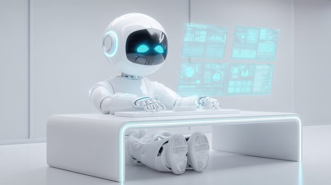 Futuristic White Robot Working at a Desk with Holographic Display in a Clean, Minimalist Office
