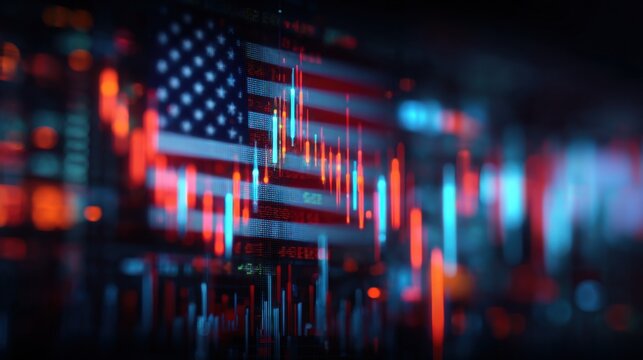 Economic Downturn in the USA: Stock Market Crash and Financial Crisis with Blurred Flag Background - Powered by Adobe