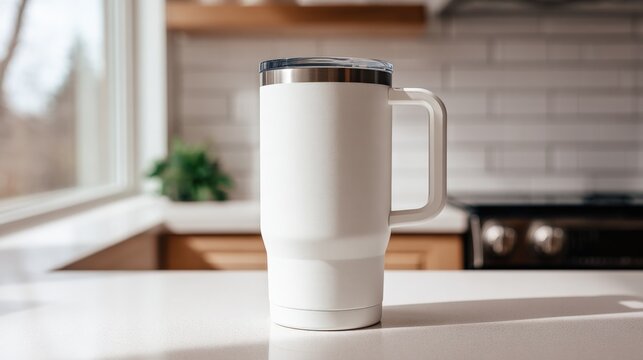 Modern White Tumbler with Handle on Kitchen Counter for Hot or Cold Drinks