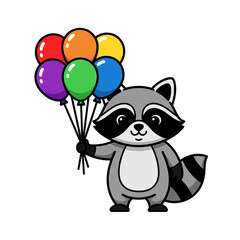 Fototapeta premium Cute Cartoon Raccoon Holding Colorful Balloons on White Background