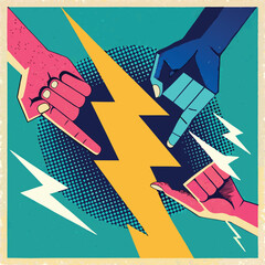Retro pop art illustration showcasing hands and lightning bolt on textured background.