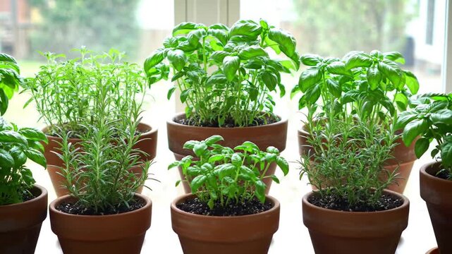 Indoor herbs on windowsill