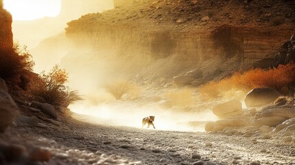 Dog walking through a surreal desert landscape filled with sand and golden light creating an