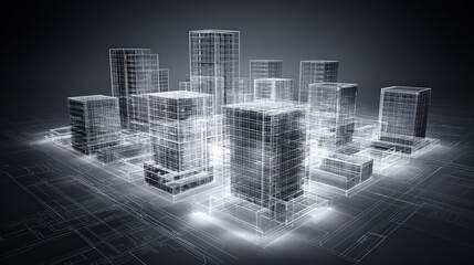 Futuristic digital cityscape with glowing skyscrapers and detailed architectural grid overlay reflecting advanced technological urban environment