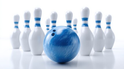 Naklejka premium Bowling Ball Centered with Pins Arranged in Background for Sport, Recreation and Competition Concepts