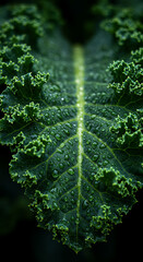 Obraz premium Close-up of a lush, dark green kale leaf with water droplets.